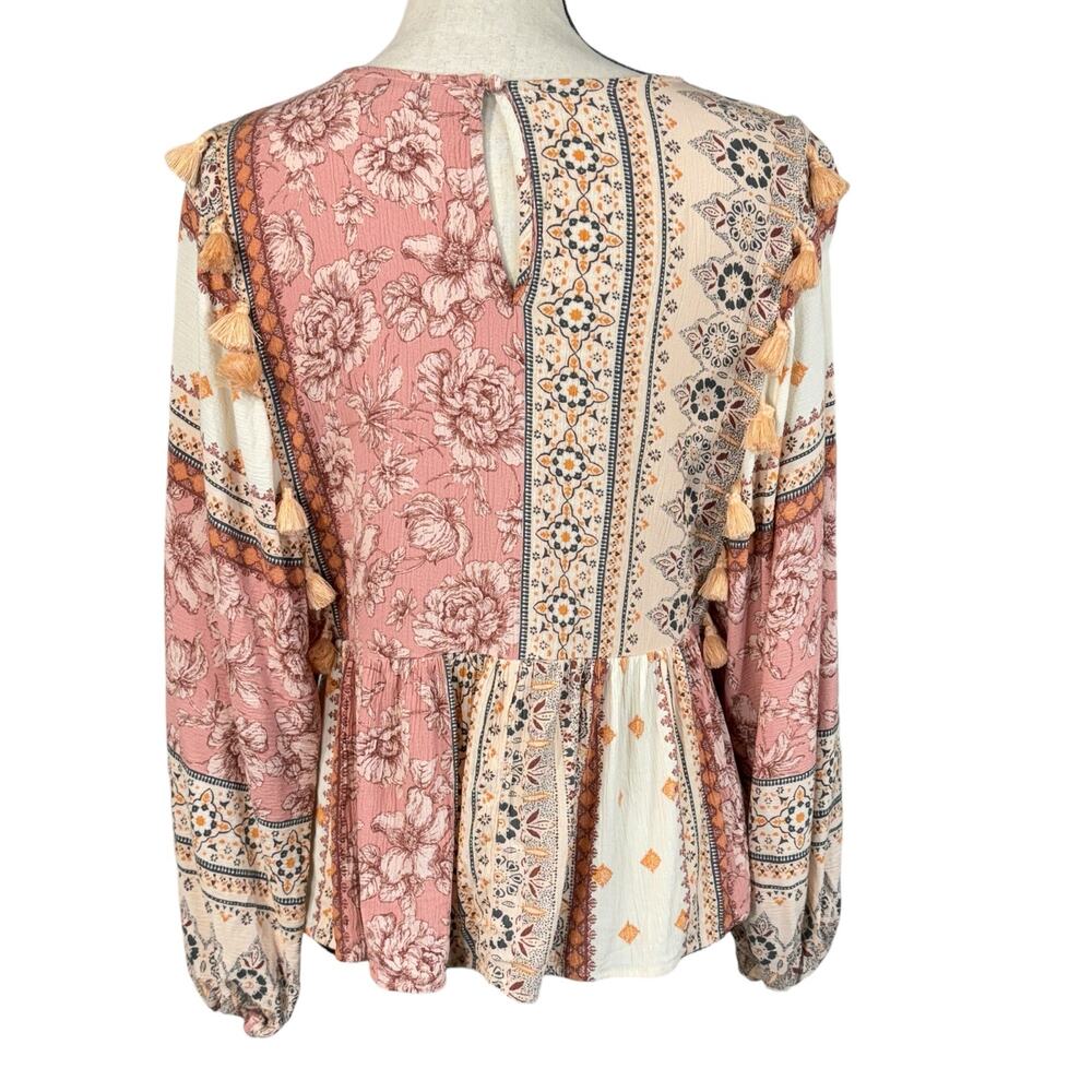 American Eagle Medium Boho Top Embroidered Tassel Long Sleeve Keyhole Pink Multi - Picture 5 of 11